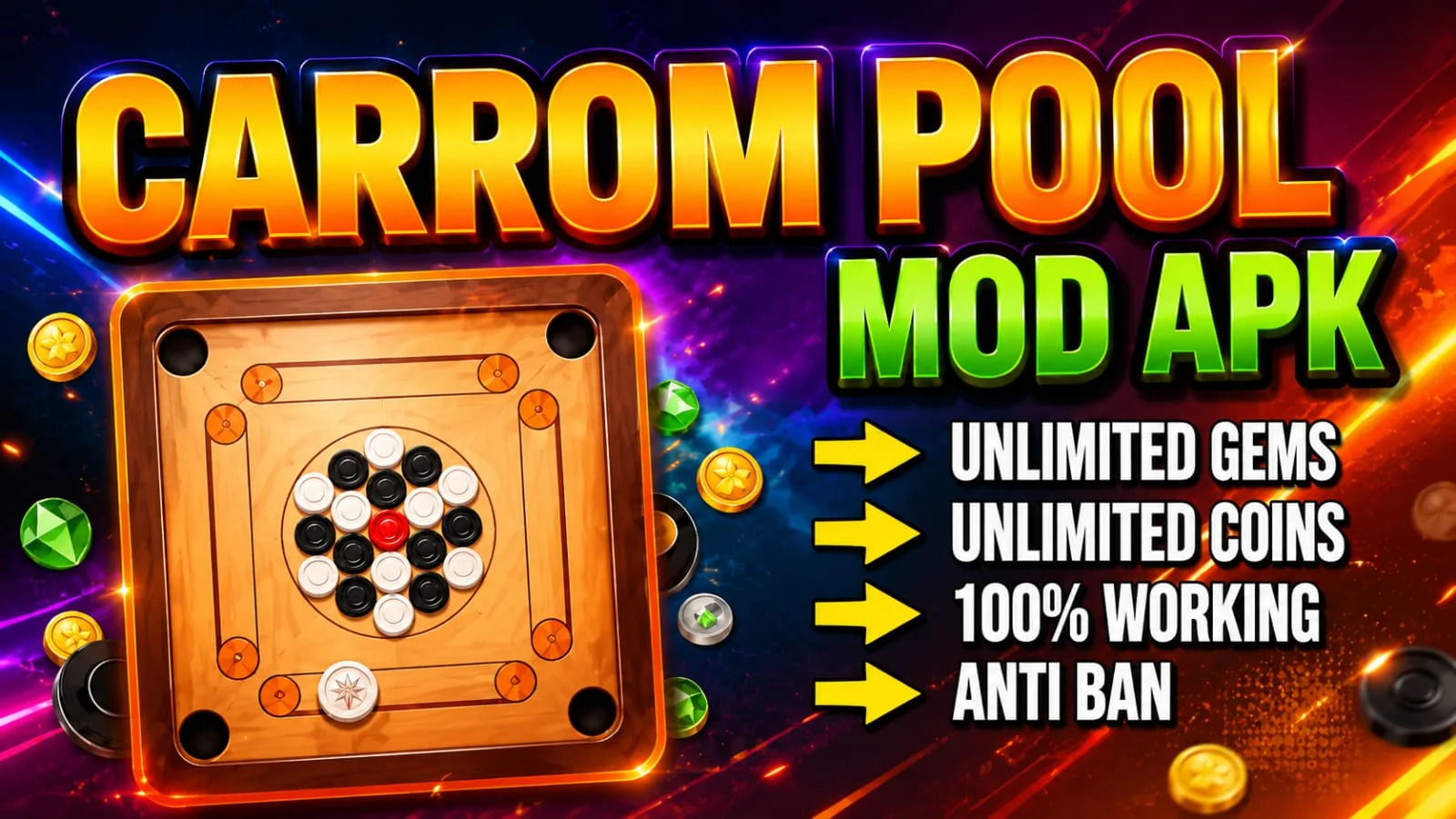 Carrom Pool Unlimited Coins, Gems and Auto Play Banner